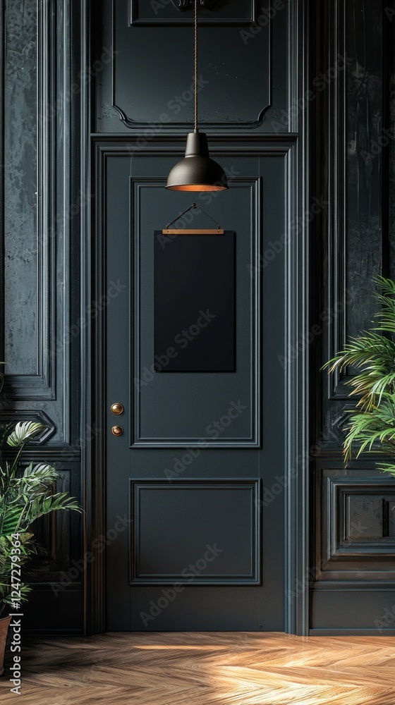 Poster A sleek door hanger design hanging on a sophisticated door within a polished studio environment. Ideal for presenting creative branding concepts in a stylish way