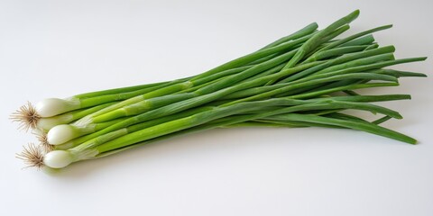 Fototapeta premium Bunch of fresh green garlic with roots attached.
