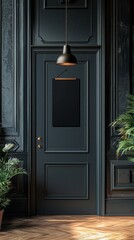 A sleek door hanger design hanging on a sophisticated door within a polished studio environment. Ideal for presenting creative branding concepts in a stylish way