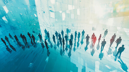 Obraz premium Group of business people silhouettes in modern office building and business network concept. Human resources with pastel innovation charts and graphs with statistics to analyze business