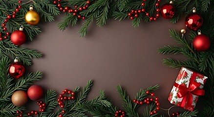 christmas background with fir branches and decorations