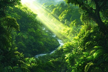 Vibrant rainforest with sunlight beams highlighting lush green foliage and winding river in a dense ecosystem