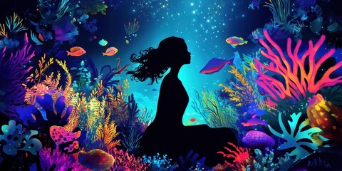 A Silhouetted Woman Amidst Vibrant Underwater Flora