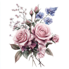 Beautiful bouquet of pink roses, blue flowers, and delicate greenery, showcasing intricate details and soft colors, perfect for floral arrangements or decorative art