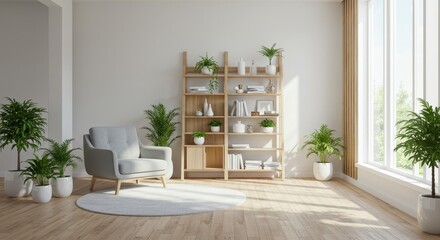 A bright and modern corner featuring a minimalist gray armchair placed on a round white rug