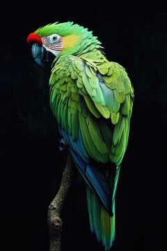 Close-up image of a brightly colored parrot with red head perched on a branch. Vibrant plumage and black beak.