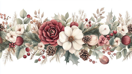 Beautiful floral arrangement featuring red and white flowers, pinecones, and berries, perfect for holiday decor and seasonal celebrations