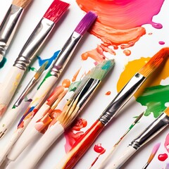 Fototapeta premium Row of artist paintbrushes closeup on white. Artistic brushes smeared with paints 