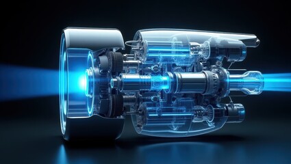 Hydrogen engine technology showcased with transparent design highlighting internal components and energy efficiency