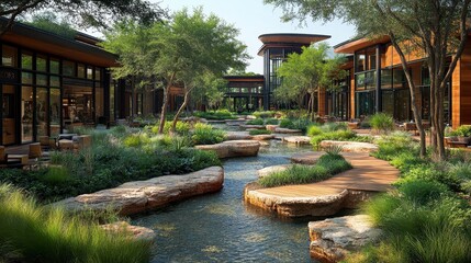 Luxurious outdoor mall courtyard, tranquil water feature, Texas