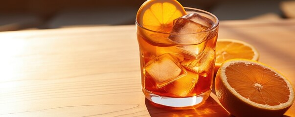Classic negroni cocktail with orange slice and ice cubes on wooden table in sunlight. Summer party drink. Banner with copy space