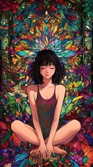 Serene Woman Meditating Amidst Vibrant Floral Stained Glass
