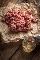 Minced meat on wooden background.