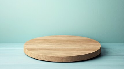 Wooden Round Podium on Soft Blue Background for Display and Presentation Use