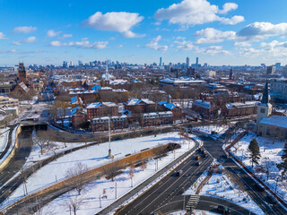 Cambridge Common and Old Harvard Yard aerial view in winter including Memorial Hall, Memorial...