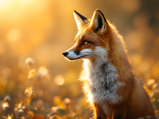Fototapeta premium A red fox sits calmly in a serene field with mountains in the background, capturing nature's tranquility.