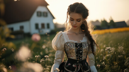 young girl in a pink dirndl dress with flowers and a sunny day