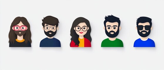 Cartoon characters show various hairstyles and glasses in a minimalist style