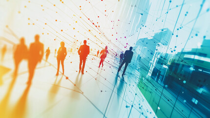 Group of business people silhouettes in modern office building and business network concept. Human resources with pastel innovation charts and graphs with statistics to analyze business