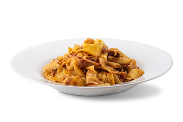 Pappardelle pasta cut seasoned carbonara with egg and cheanciale bacon in white plate isolated on white with clipping path included