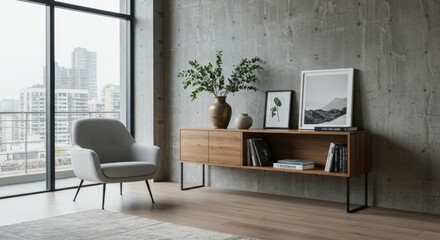 A sleek and modern space with a light gray armchair placed near a wooden console table