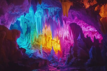 Magical cave with stunning multicolored glowing crystals illuminating the cavern.