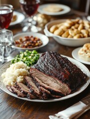Close-up photo of delicious beef ribs cooked in Texas BBQ style, served with a side of vegetables and mashed potatoes.
