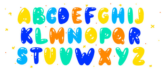Bubble or balloon font rounded colourful typeface done with brush pen for kids or festival. party lettering trendy shapes