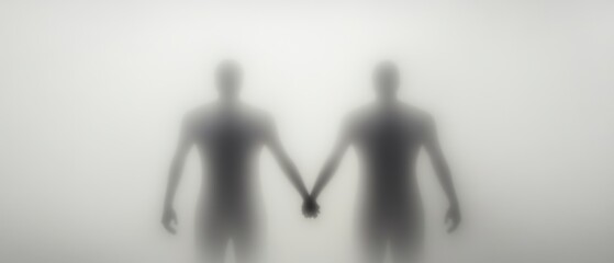 Two blurred figures join hands in a foggy environment, symbolizing togetherness and support