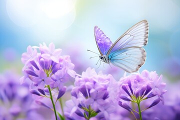 Fototapeta premium Purple spring flowers with white and purple butterfly on blurred background. Easter decoration. Spring equinox celebration. Mother day greeting card. Garden macro photography with copy space
