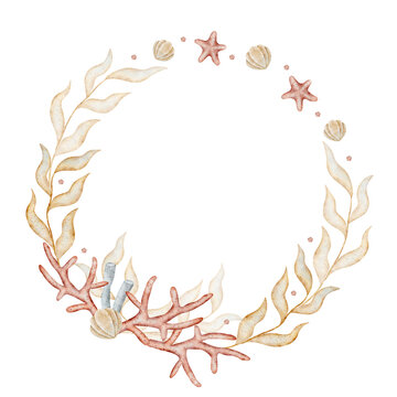 Wreath seaweed, coral, shells, starfish. Watercolor illustration for design template for text, invitation cards, greeting posters, dishes, print, spa holiday decoration