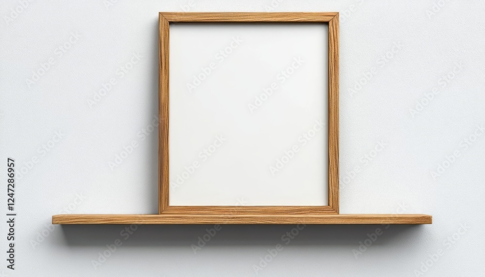 Poster an empty wooden frame is resting on a simple shelf in a minimalist interior setting