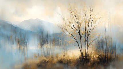 Fototapeta premium Misty autumn landscape, mountains background, serene nature, wall art