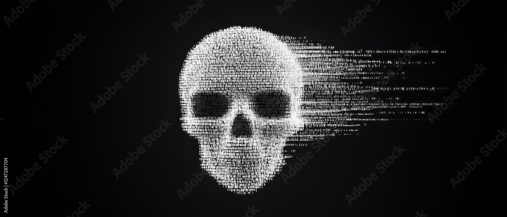 Poster a skull made of shifting binary code is displayed, illustrating digital themes in technology