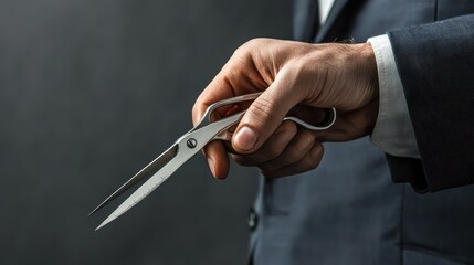 business, people, financial crisis, sale and default concept - close up of businessman hand with scissors cutting percents over gray background