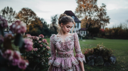 young girl in a pink dirndl dress with flowers and a sunny day