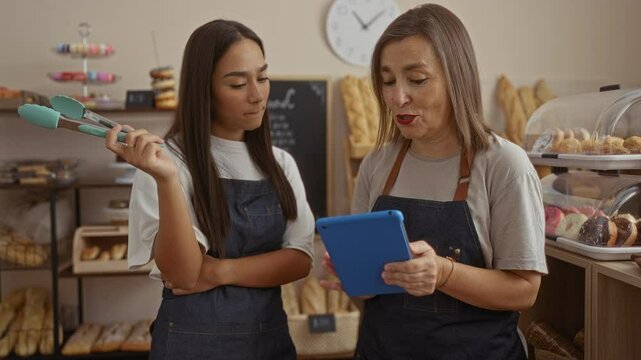 Women bakers working together with a tablet in a bakery, featuring shelves of bread and pastries in the background.
