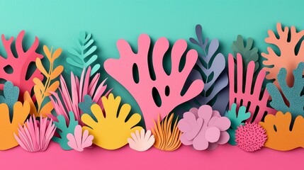 Naklejka premium Vibrant Coral Reef Art Paper Cut Design in Pink and Aqua Color Scheme