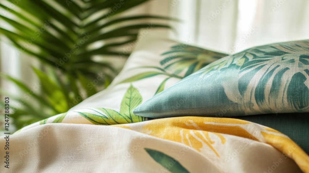 Poster Tropical patterns and light summer fabrics displayed with vibrant colors and lush greenery in a sunny indoor setting. Generative AI