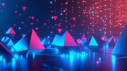 Neon Pink and Blue Geometric Pyramid Forms Abstract Art
