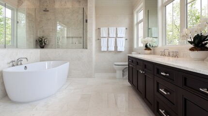 Luxurious bathroom interior design, showcasing bathtub, shower, and vanity