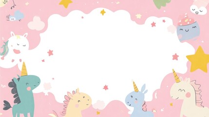 A whimsical pink background featuring cute unicorns and clouds, ideal for children's designs.