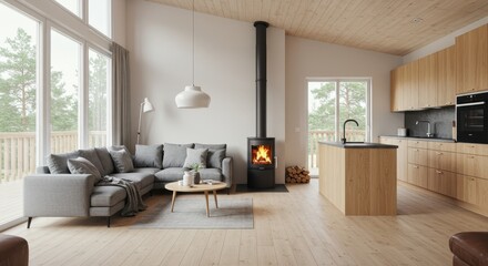 Fototapeta premium A Scandinavian inspired living and kitchen area with light wood flooring and a sloped ceiling