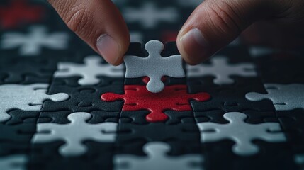 Teamwork Concept with Hands Assembling Puzzle Pieces in Black and White Colors