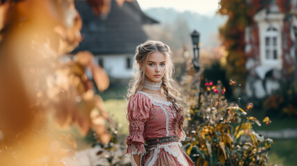 young girl in a pink dirndl dress with flowers and a sunny day