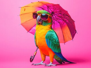 A tropical parrot dressed in sunglasses and holding an umbrella, standing on a pink background. Bright and cheerful image for a whimsical feel.