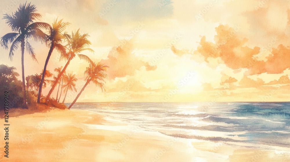 Aufkleber stunning watercolor illustration of a tropical beach at sunset with swaying palm trees and gentle oc