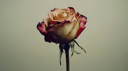Pink rose with wilted petals in gray water background.