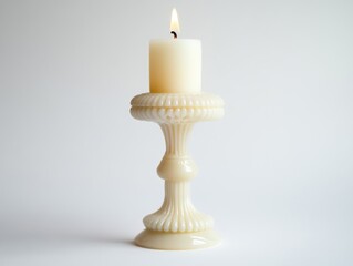 Fototapeta premium Lit candle on a ceramic candlestick with intricate design, placed against white background. Home decor item.