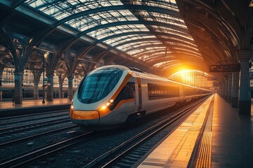 Naklejka premium Modern tram arriving at station during golden hour sunset